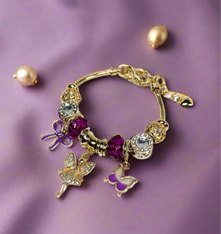 Enchanted Gold & Purple Bracelet with Fairy and Butterfly Charm