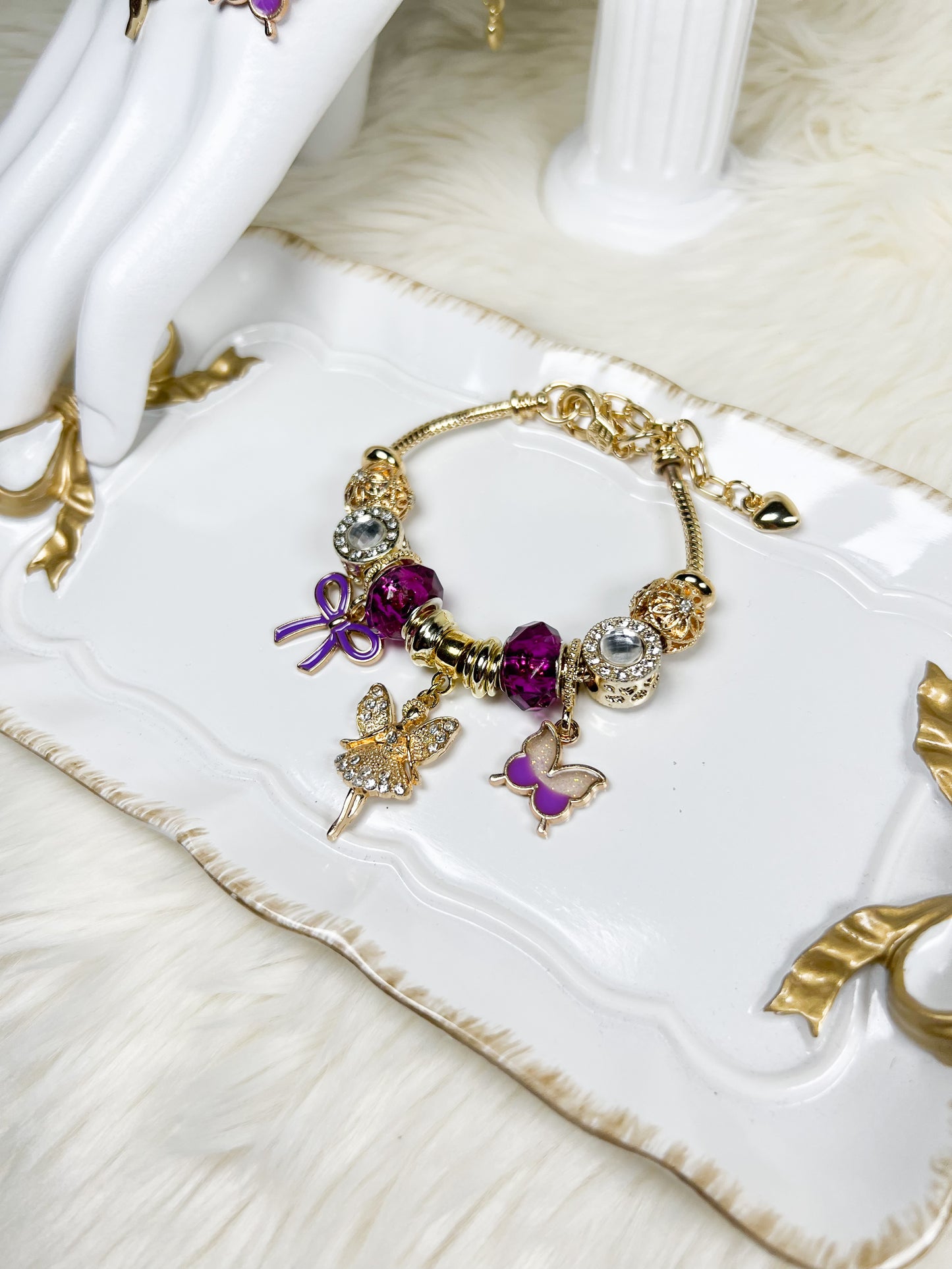 Enchanted Gold & Purple Bracelet with Fairy and Butterfly Charm