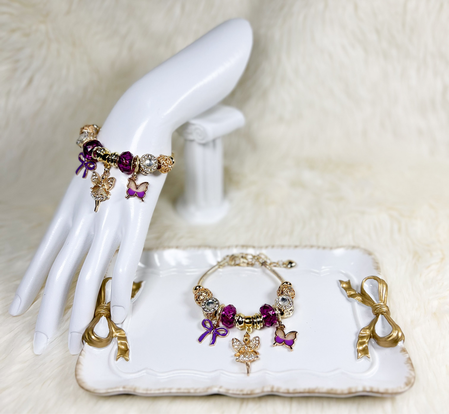 Enchanted Gold & Purple Bracelet with Fairy and Butterfly Charm