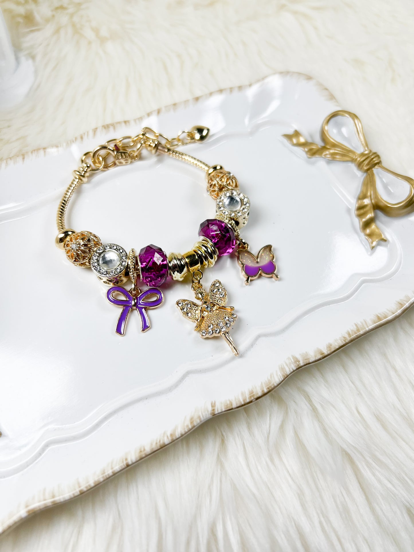 Enchanted Gold & Purple Bracelet with Fairy and Butterfly Charm