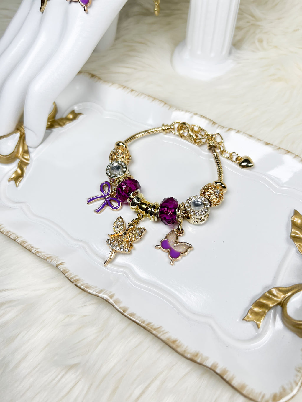 Enchanted Gold & Purple Bracelet with Fairy and Butterfly Charm