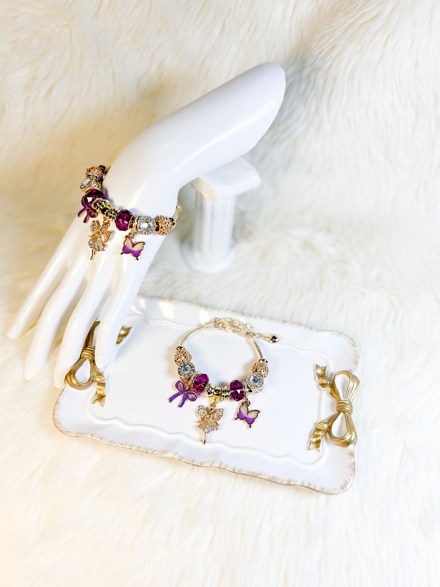 Enchanted Gold & Purple Bracelet with Fairy and Butterfly Charm