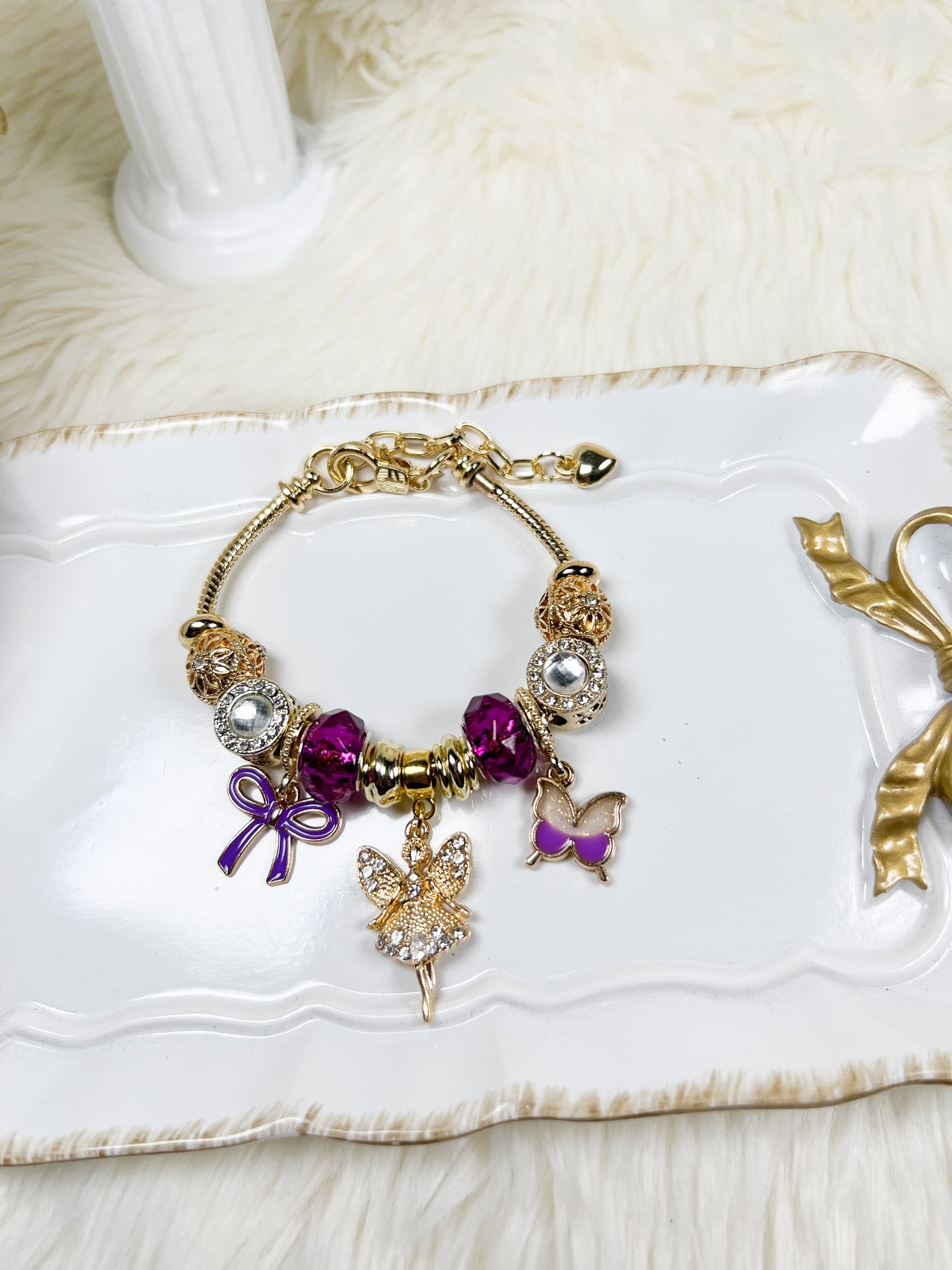 Enchanted Gold & Purple Bracelet with Fairy and Butterfly Charm