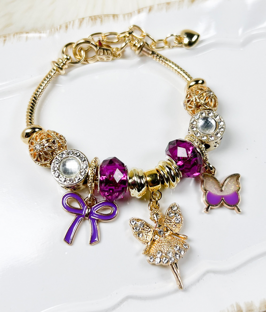 Enchanted Gold & Purple Bracelet with Fairy and Butterfly Charm
