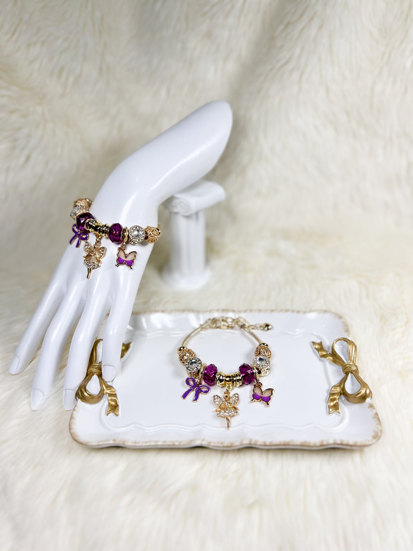 Enchanted Gold & Purple Bracelet with Fairy and Butterfly Charm