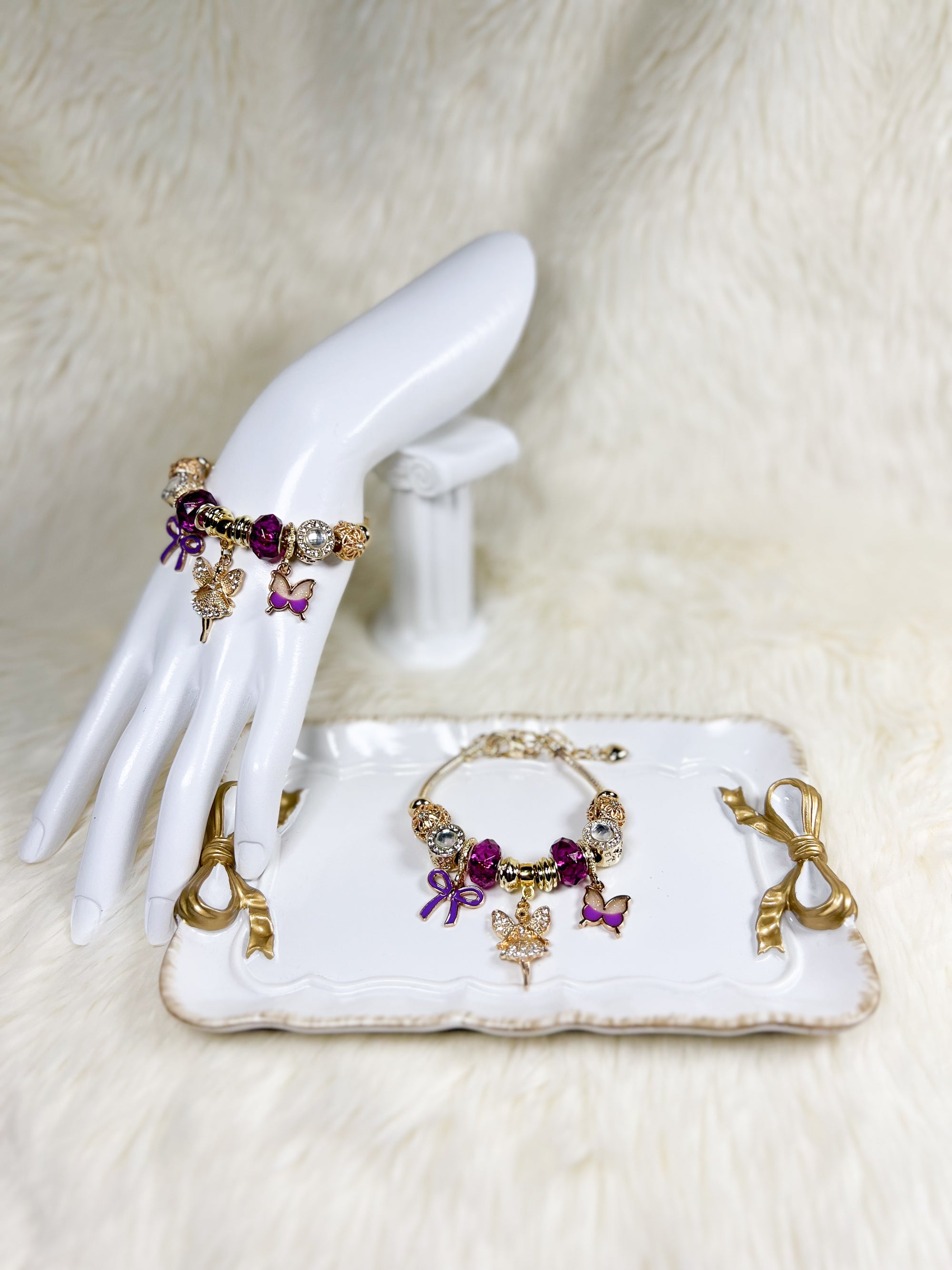 Enchanted Gold & Purple Bracelet with Fairy and Butterfly Charm