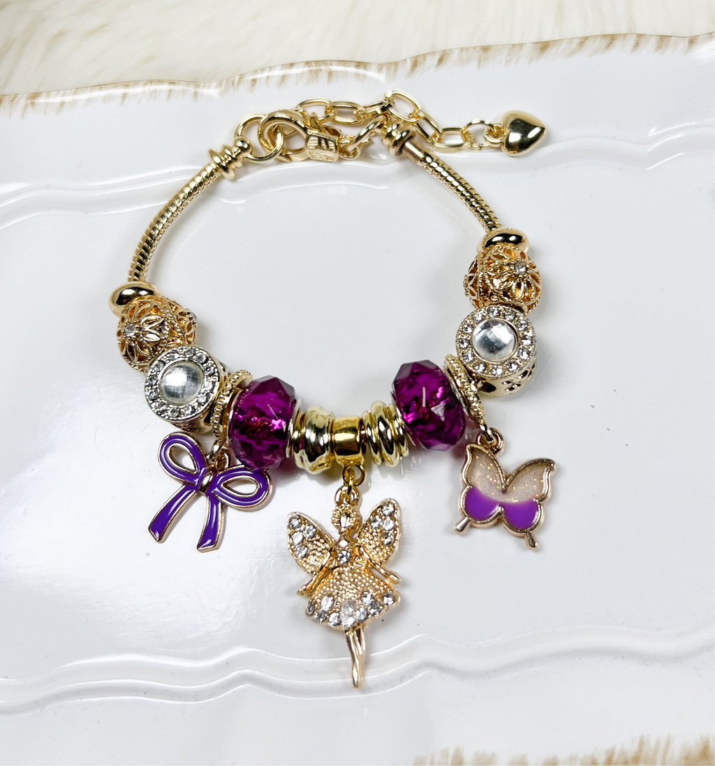 Enchanted Gold & Purple Bracelet with Fairy and Butterfly Charm