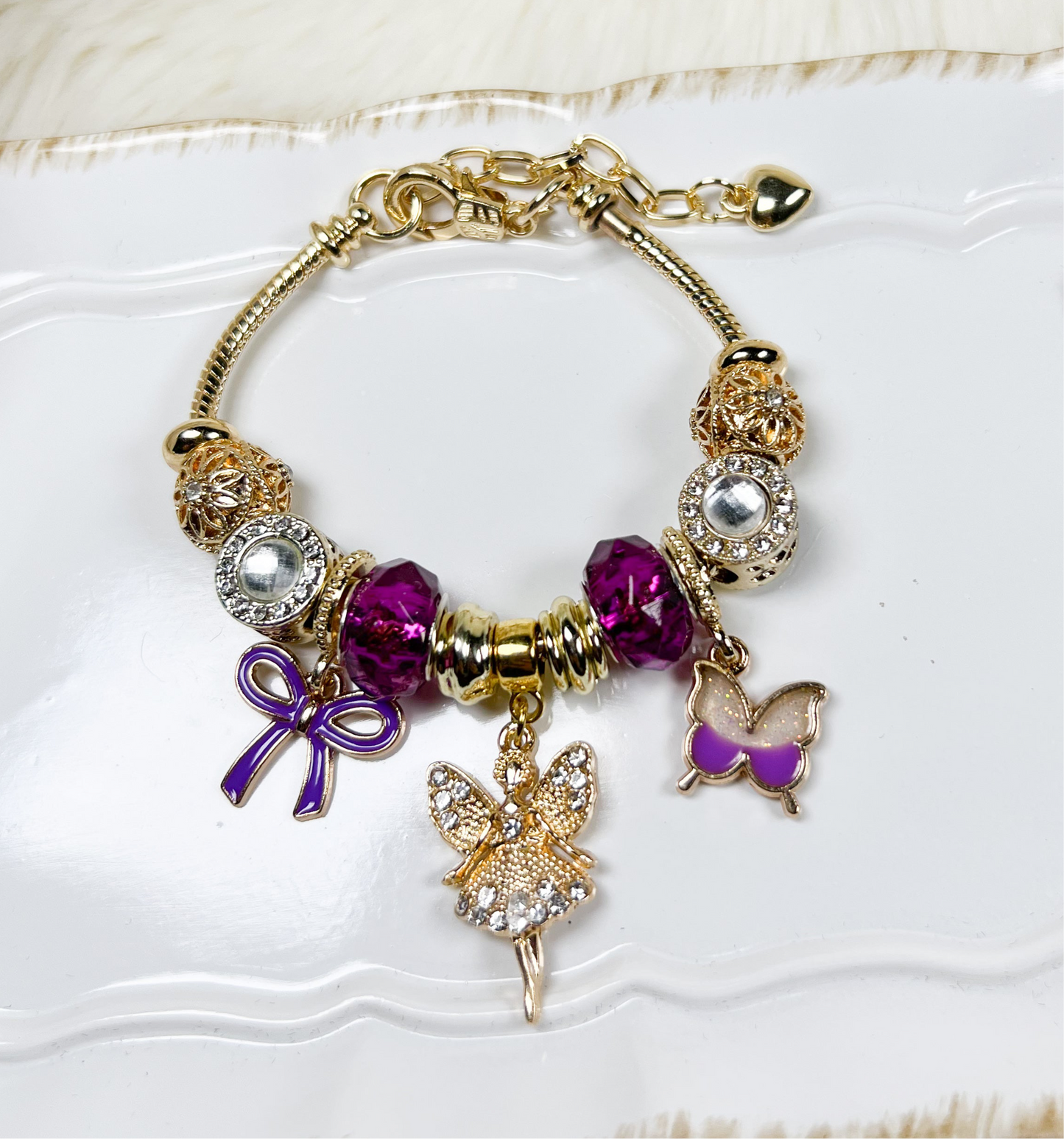 Enchanted Gold & Purple Bracelet with Fairy and Butterfly Charm