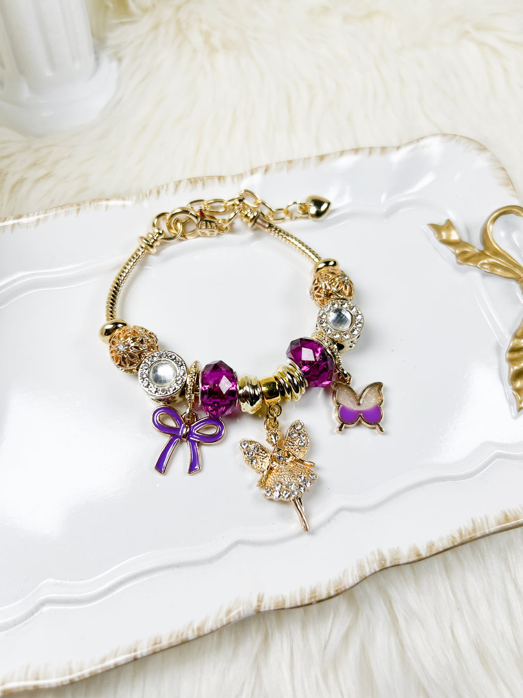 Enchanted Gold & Purple Bracelet with Fairy and Butterfly Charm