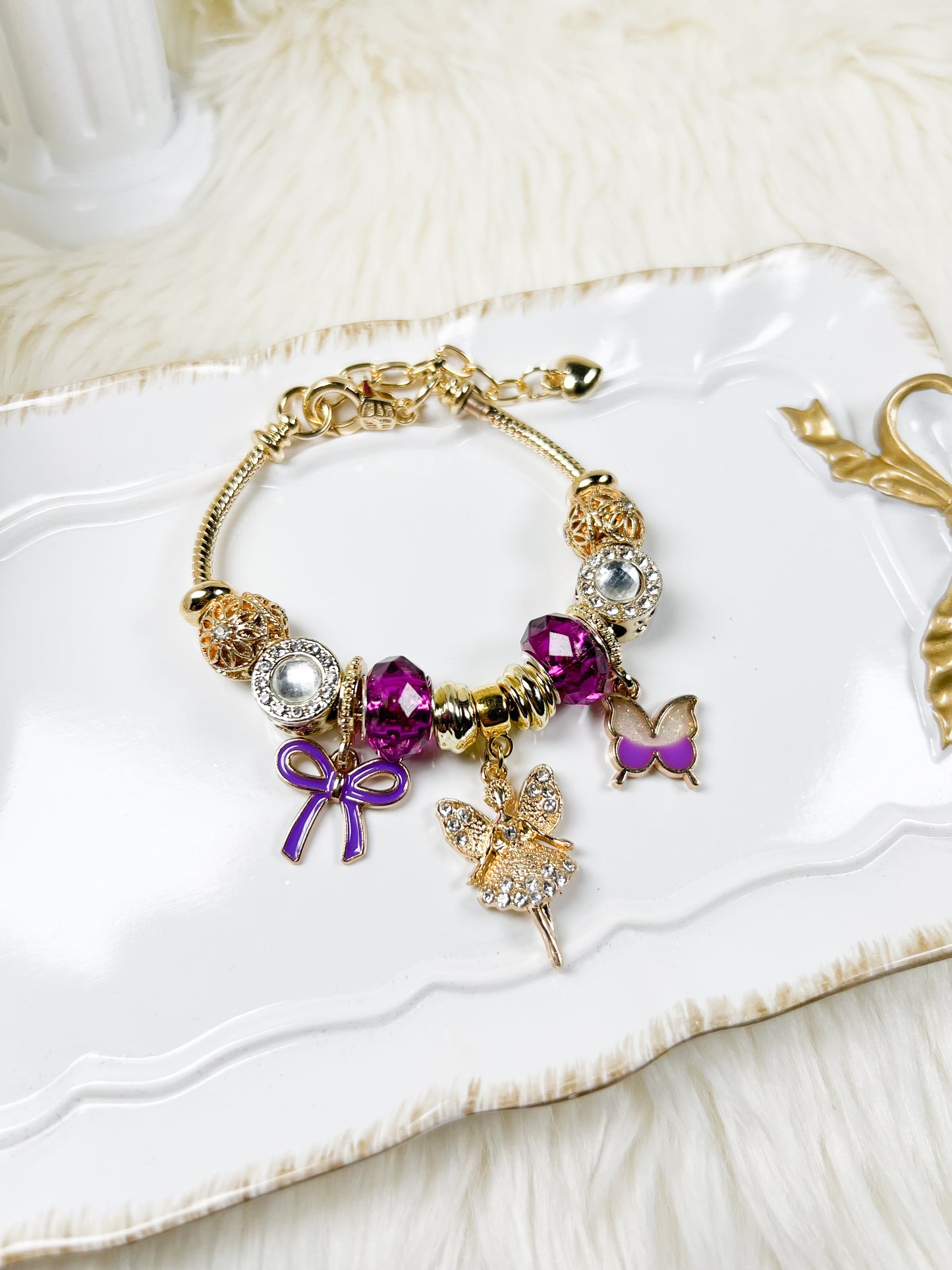 Enchanted Gold & Purple Bracelet with Fairy and Butterfly Charm
